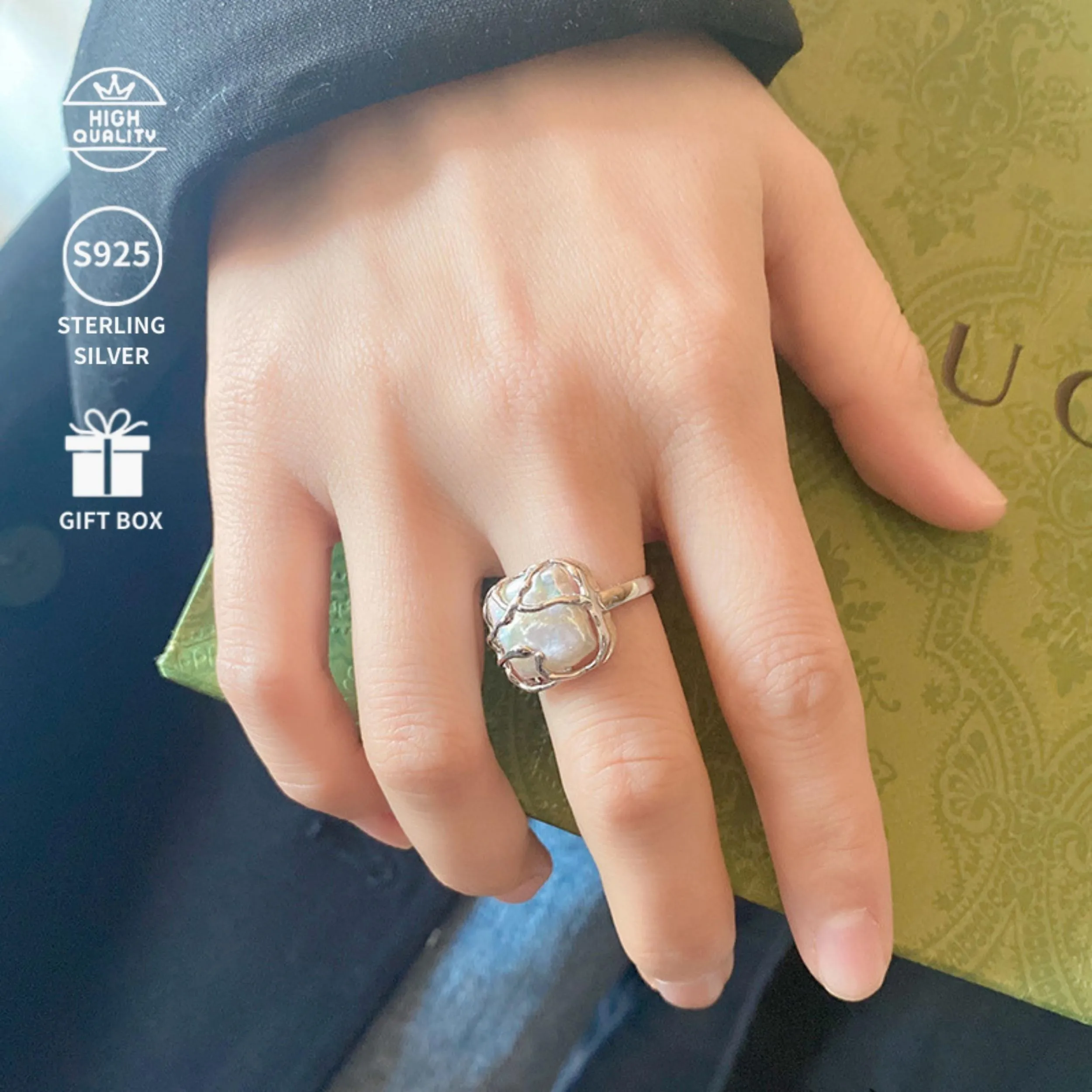S925 Silver Ring with Baroque Pearls Freshwater Pearl 3 85g Gift