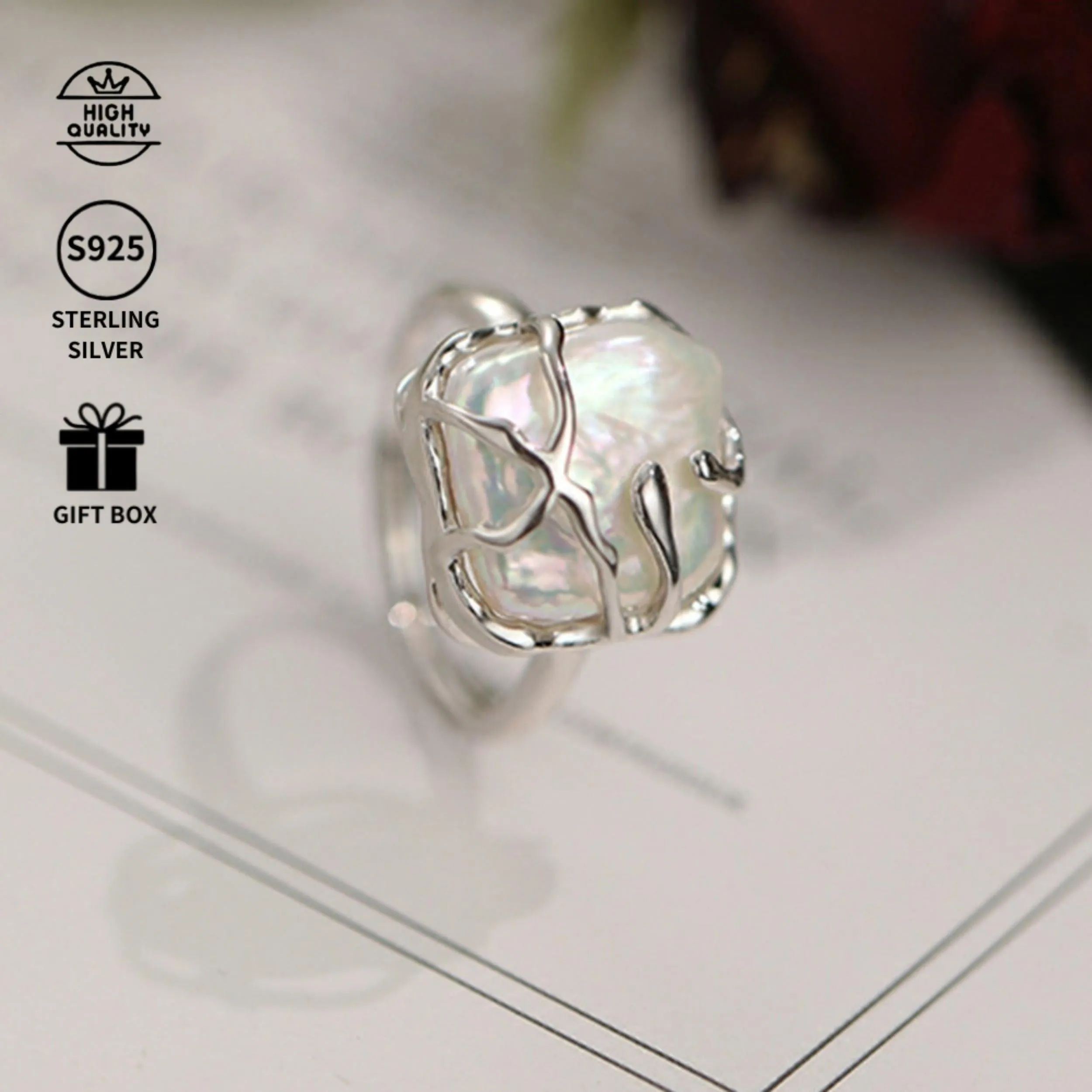 S925 Silver Ring with Baroque Pearls Freshwater Pearl 3 85g Gift