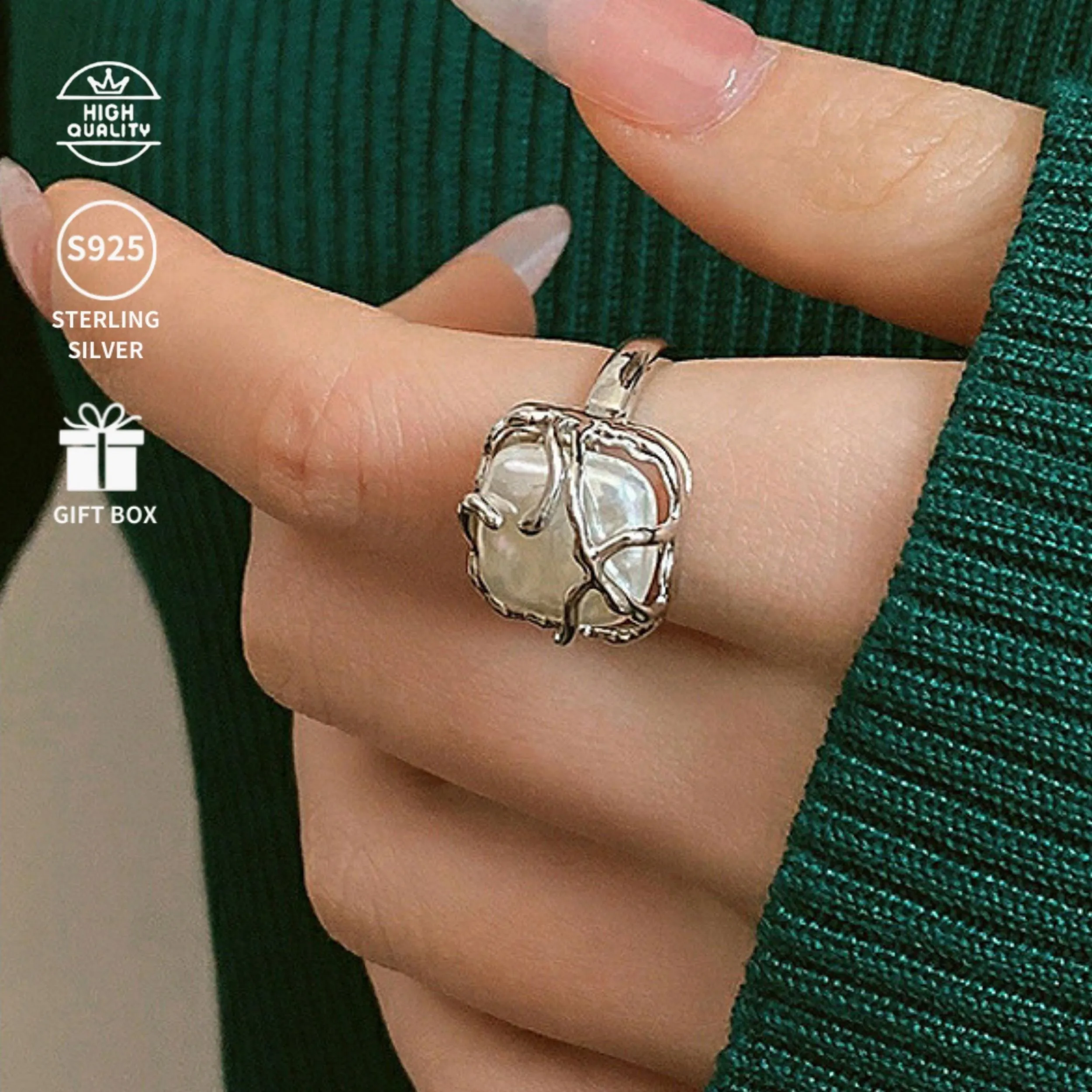 S925 Silver Ring with Baroque Pearls Freshwater Pearl 3 85g Gift