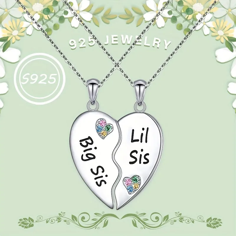 S925 Silver Sister Heart Necklace with Colorful CZ Splicing