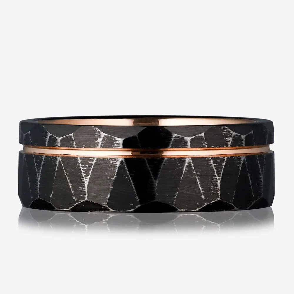 SALERNO ROSE - Black and Rose Gold Hammered Tungsten Ring