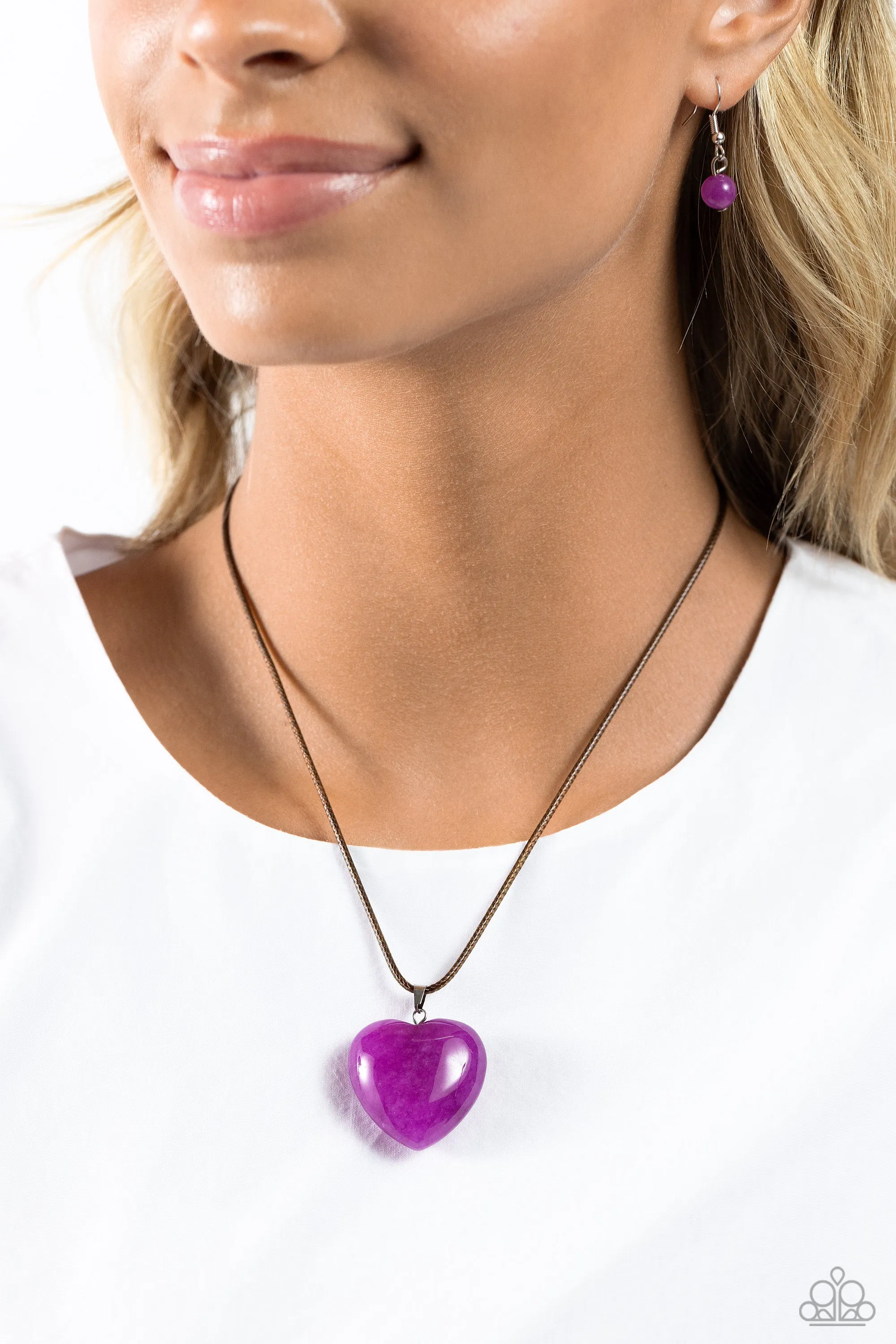 Serene Sweetheart - Purple - Amethyst Stone Heart Brown Cord Paparazzi Short Necklace