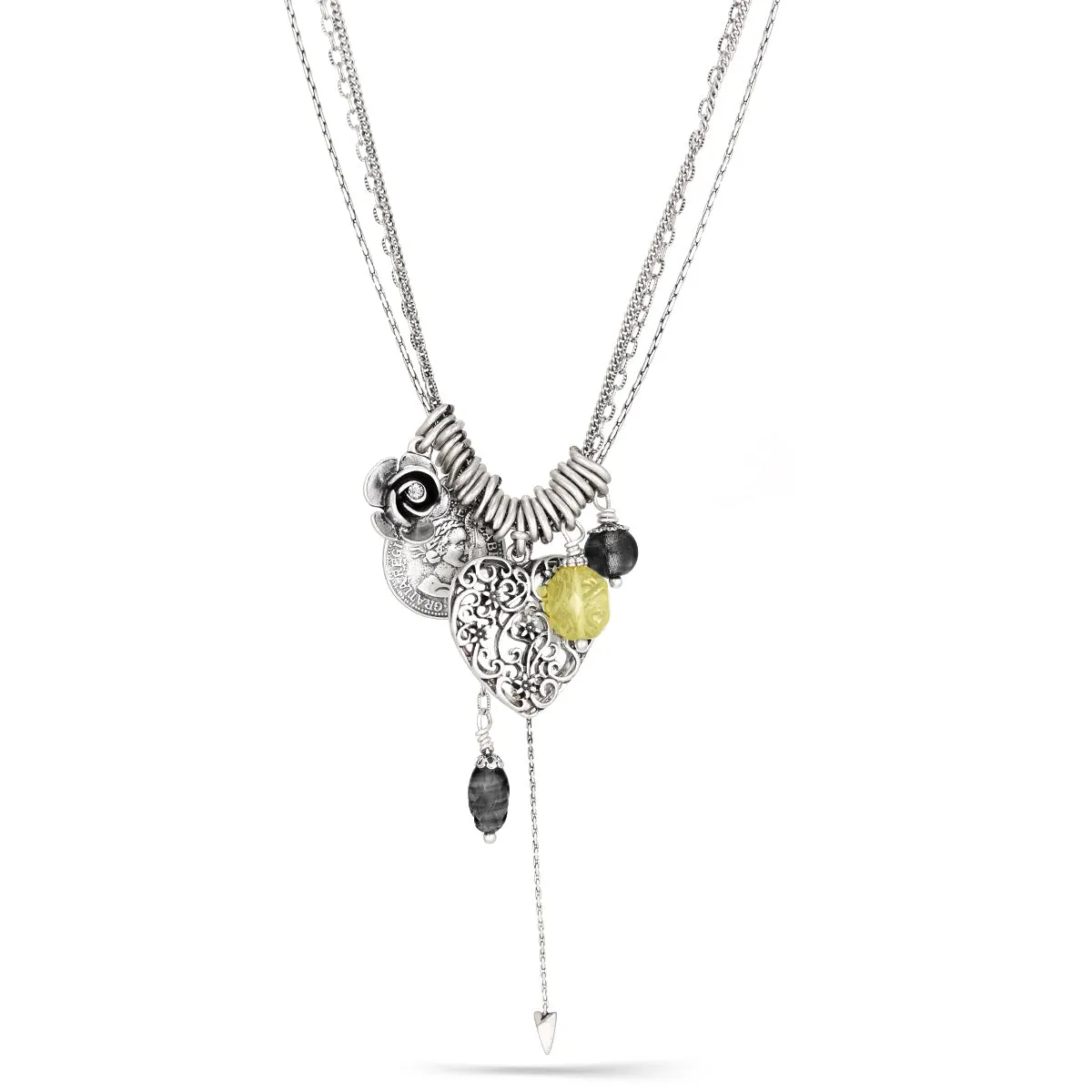 SILVER HEART FILIGREE LOCKET BLACK AND YELLOW CHARM NECKLACES #211BK1101
