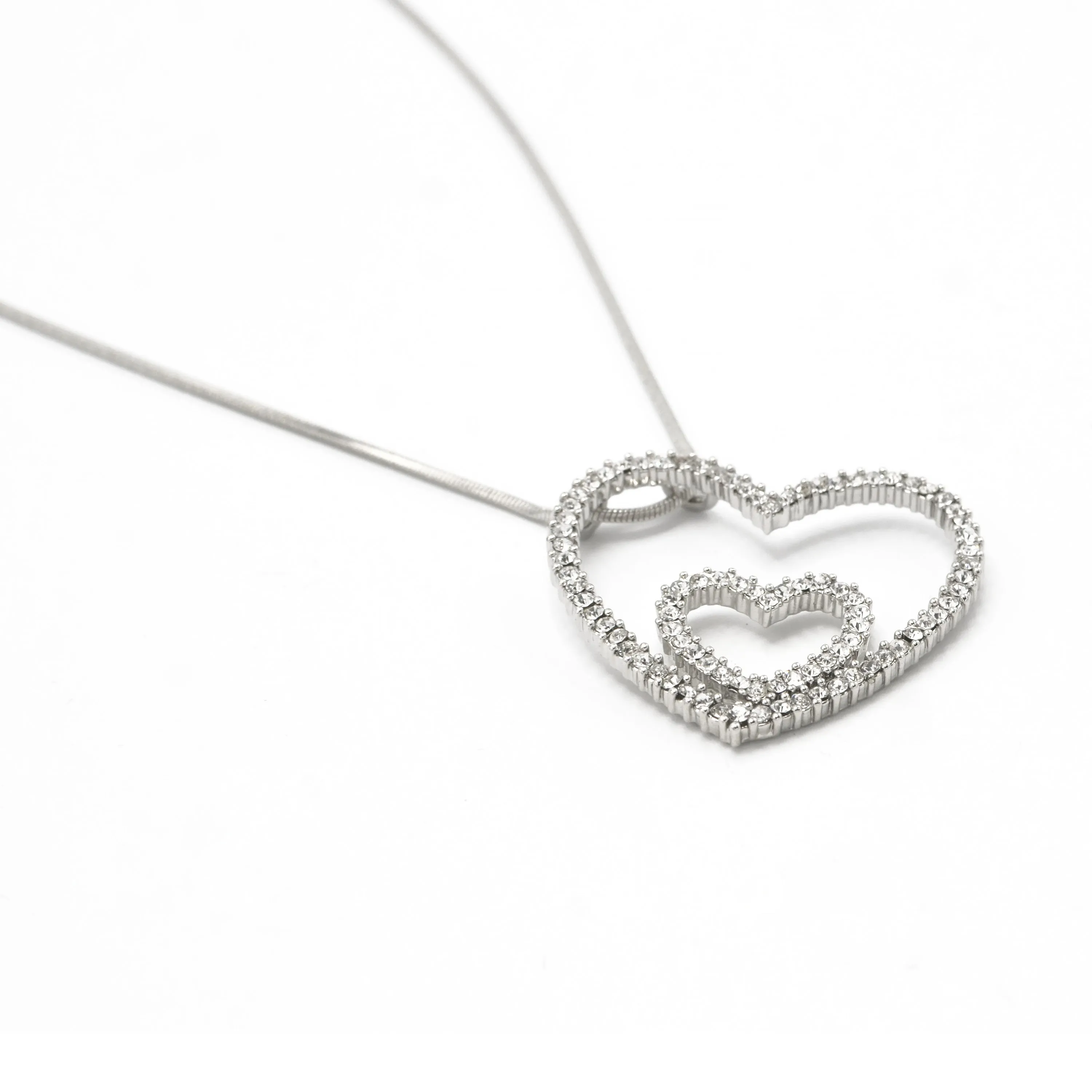 SILVER RHINESTONE HEART PENDANT NECKLACE  #N75514-CRY-RHOD (LD12)