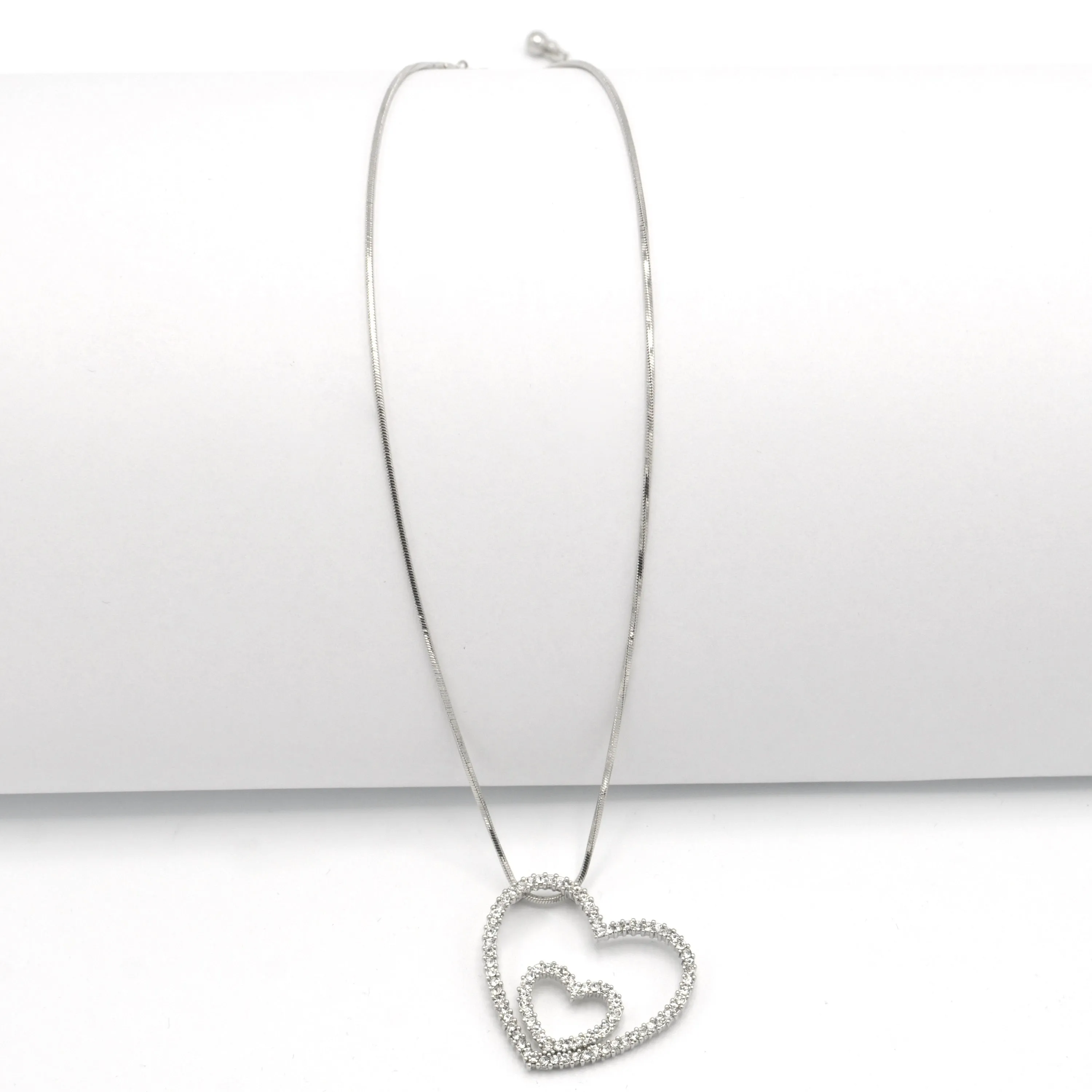 SILVER RHINESTONE HEART PENDANT NECKLACE  #N75514-CRY-RHOD (LD12)