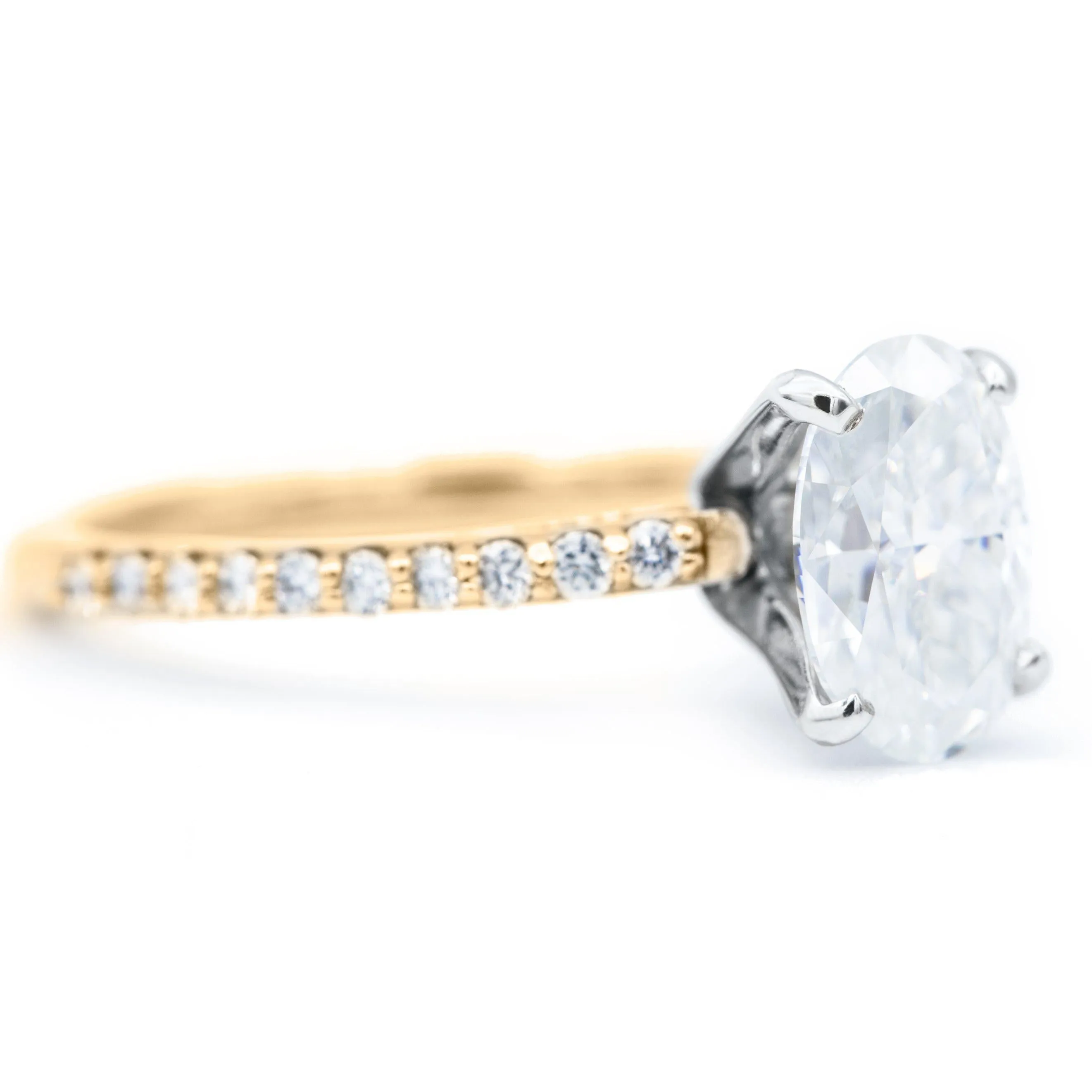 Skinny Oval Crushed Ice Moissanite 4 Prongs Diamond Accent Ice Cathedral Solitaire Ring