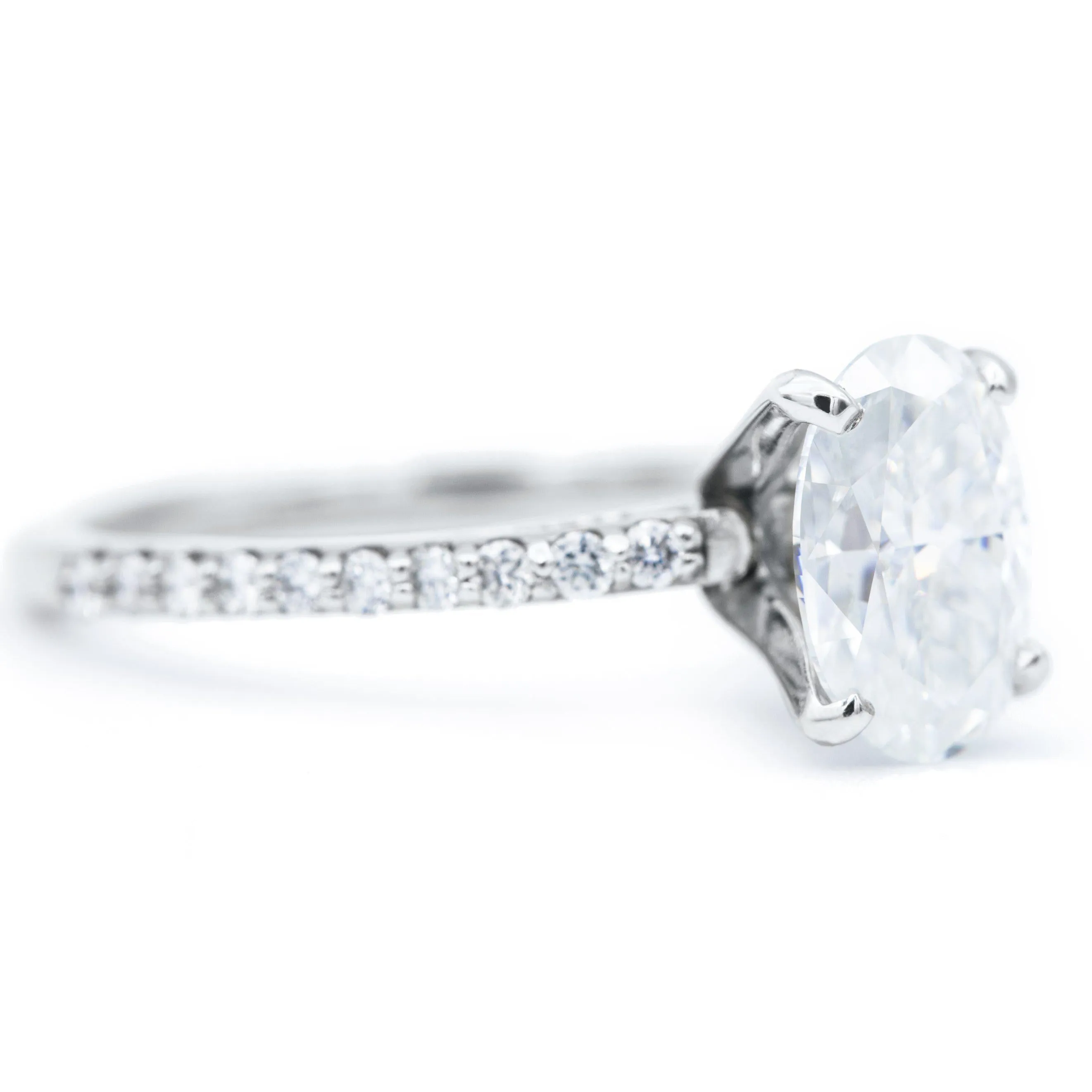 Skinny Oval Crushed Ice Moissanite 4 Prongs Diamond Accent Ice Cathedral Solitaire Ring