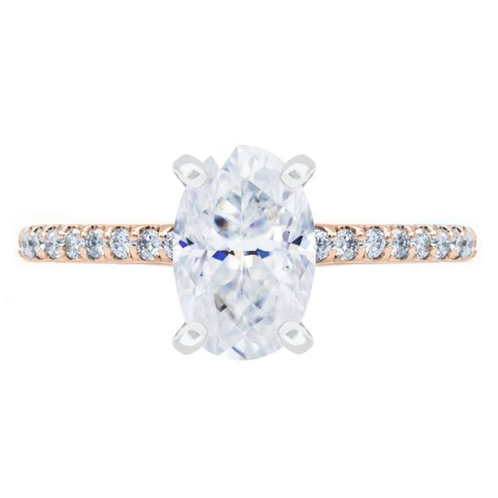 Skinny Oval Crushed Ice Moissanite 4 Prongs Diamond Accent Ice Cathedral Solitaire Ring