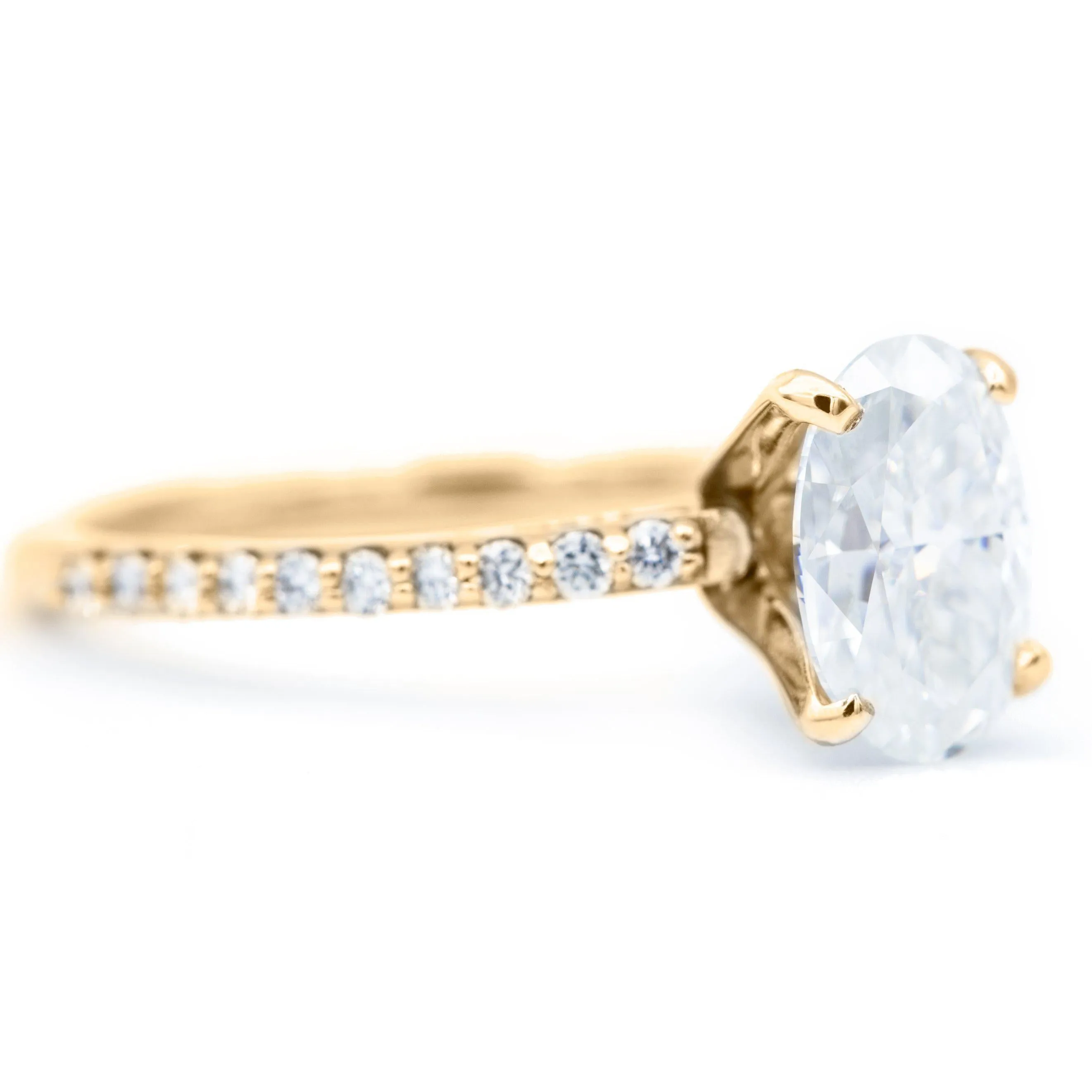 Skinny Oval Crushed Ice Moissanite 4 Prongs Diamond Accent Ice Cathedral Solitaire Ring