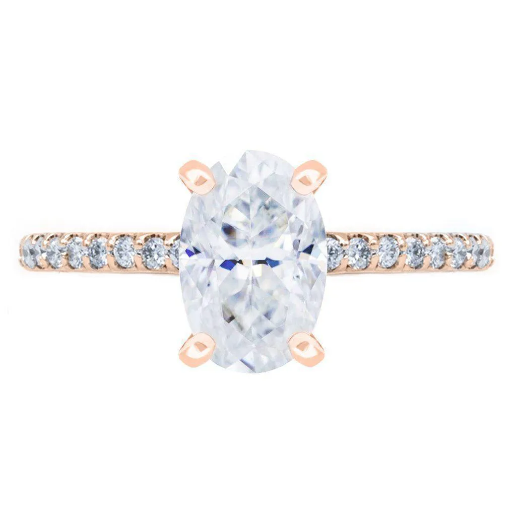 Skinny Oval Crushed Ice Moissanite 4 Prongs Diamond Accent Ice Cathedral Solitaire Ring