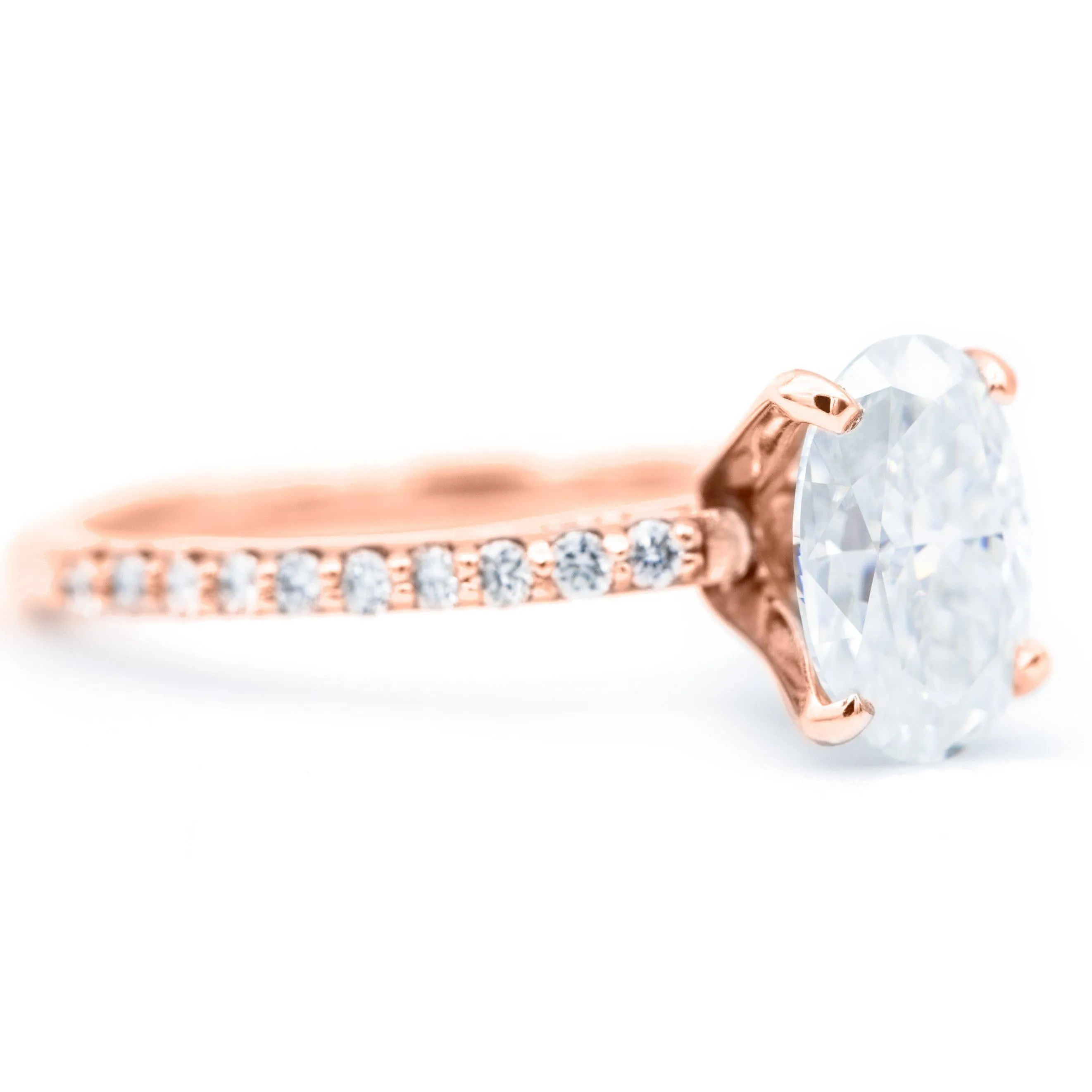 Skinny Oval Crushed Ice Moissanite 4 Prongs Diamond Accent Ice Cathedral Solitaire Ring