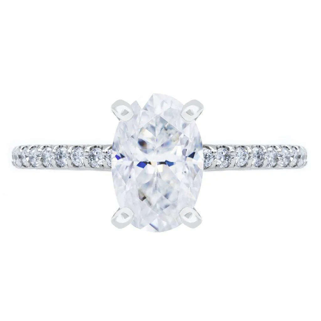 Skinny Oval Crushed Ice Moissanite 4 Prongs Diamond Accent Ice Cathedral Solitaire Ring