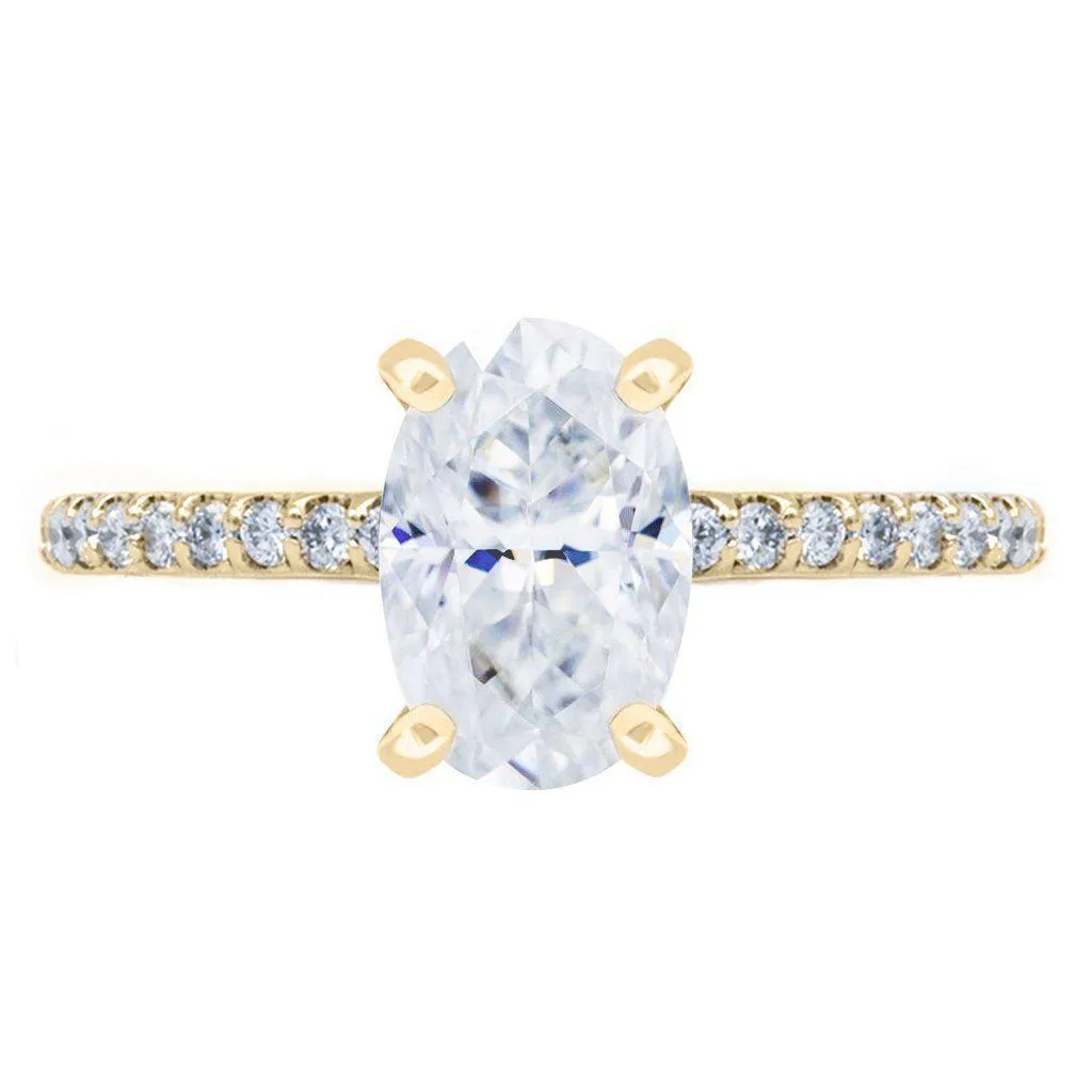 Skinny Oval Crushed Ice Moissanite 4 Prongs Diamond Accent Ice Cathedral Solitaire Ring