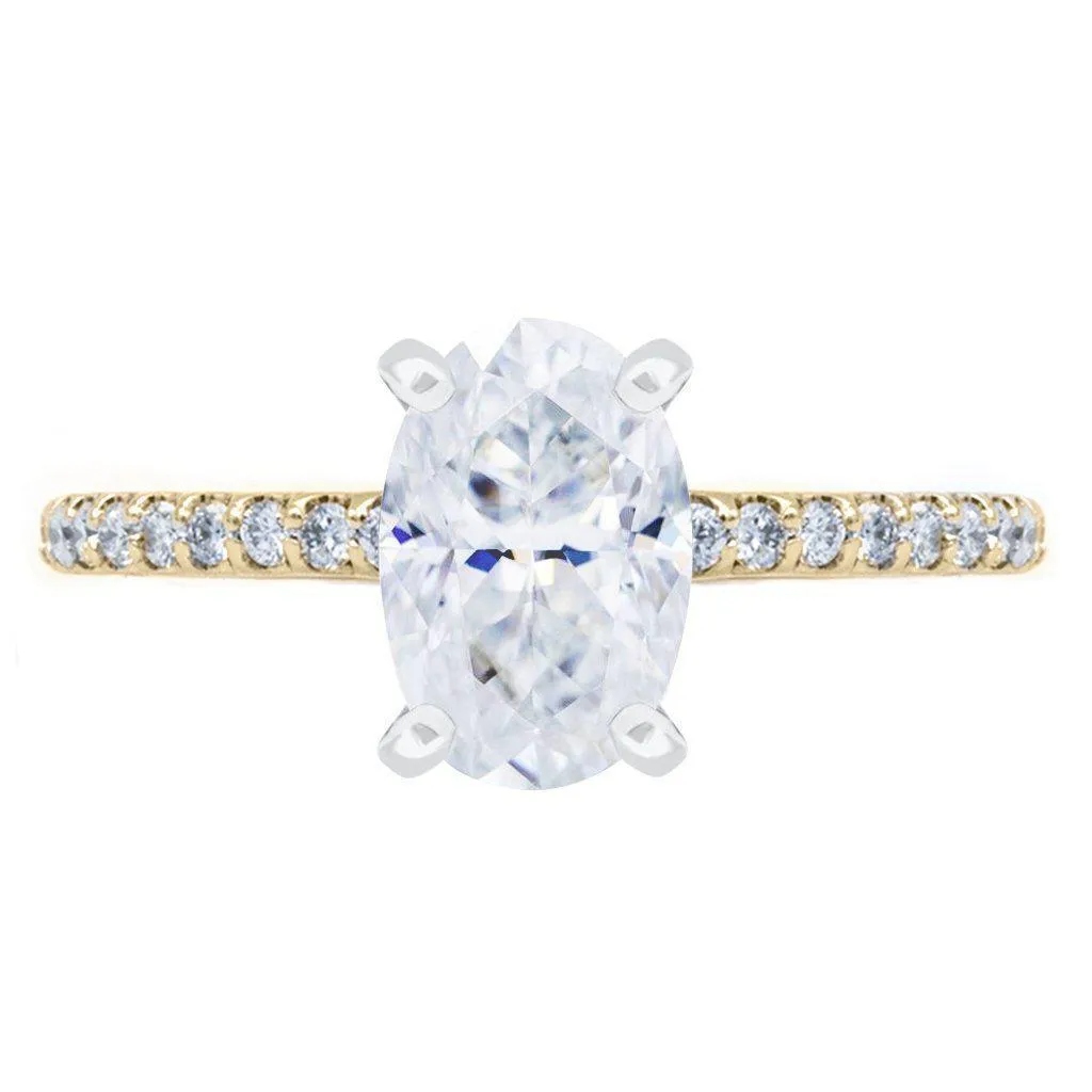 Skinny Oval Crushed Ice Moissanite 4 Prongs Diamond Accent Ice Cathedral Solitaire Ring
