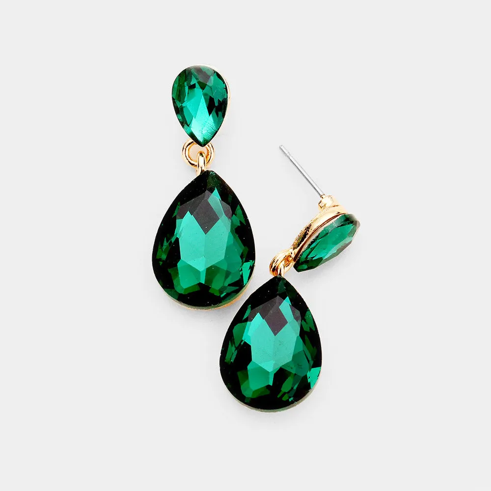 Small Emerald Crystal Teardrop Dangle Earrings on Gold | Little Girls | Older Girls Interview | 444363