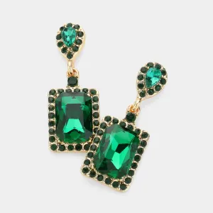 Small Emerald Square Stone and Rhinestone Edged Dangle Pageant Earrings  | Interview Earrings |  622232