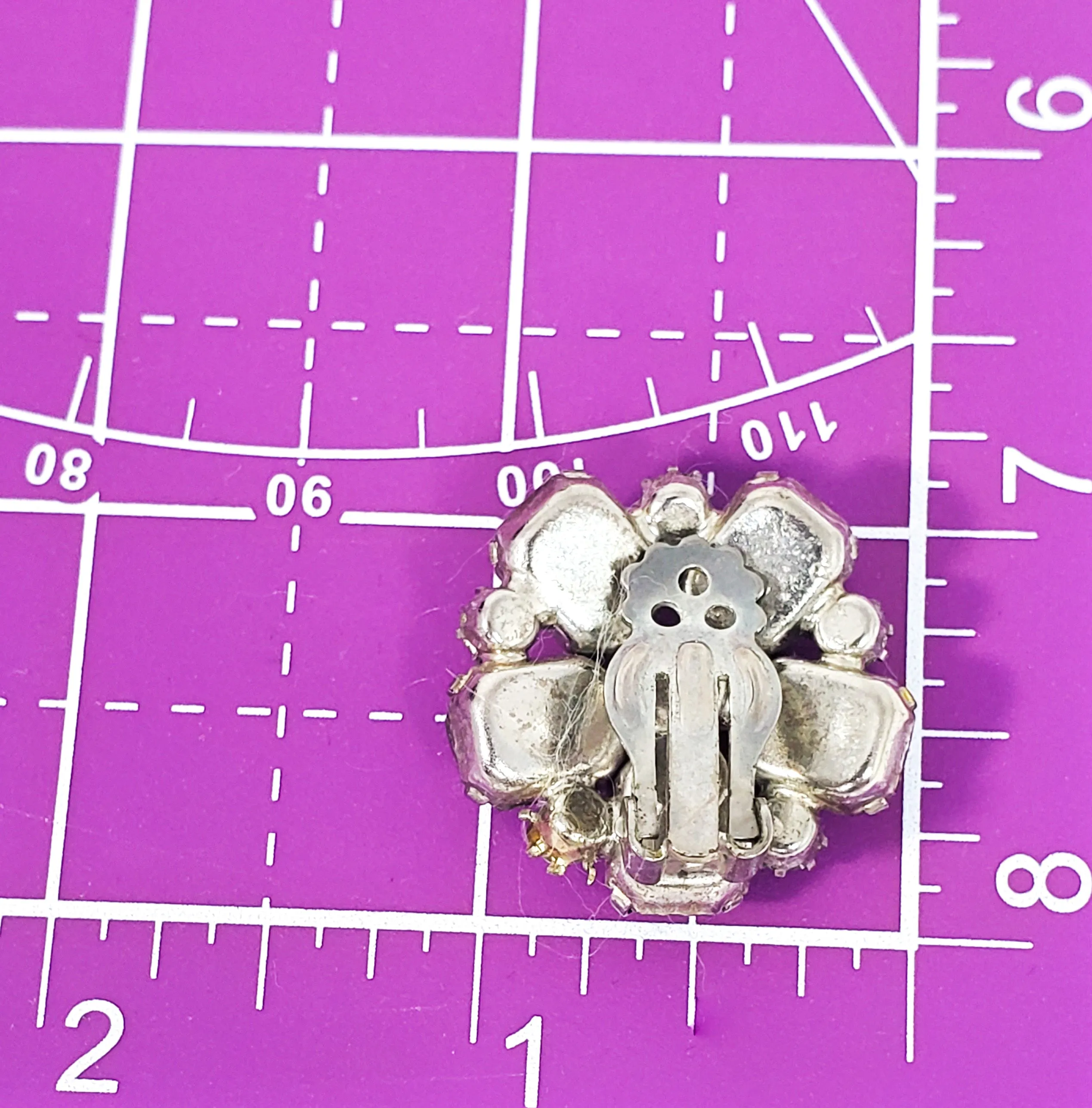 Smokey Grey flowers large rhinestone cluster clip on mid century earrings