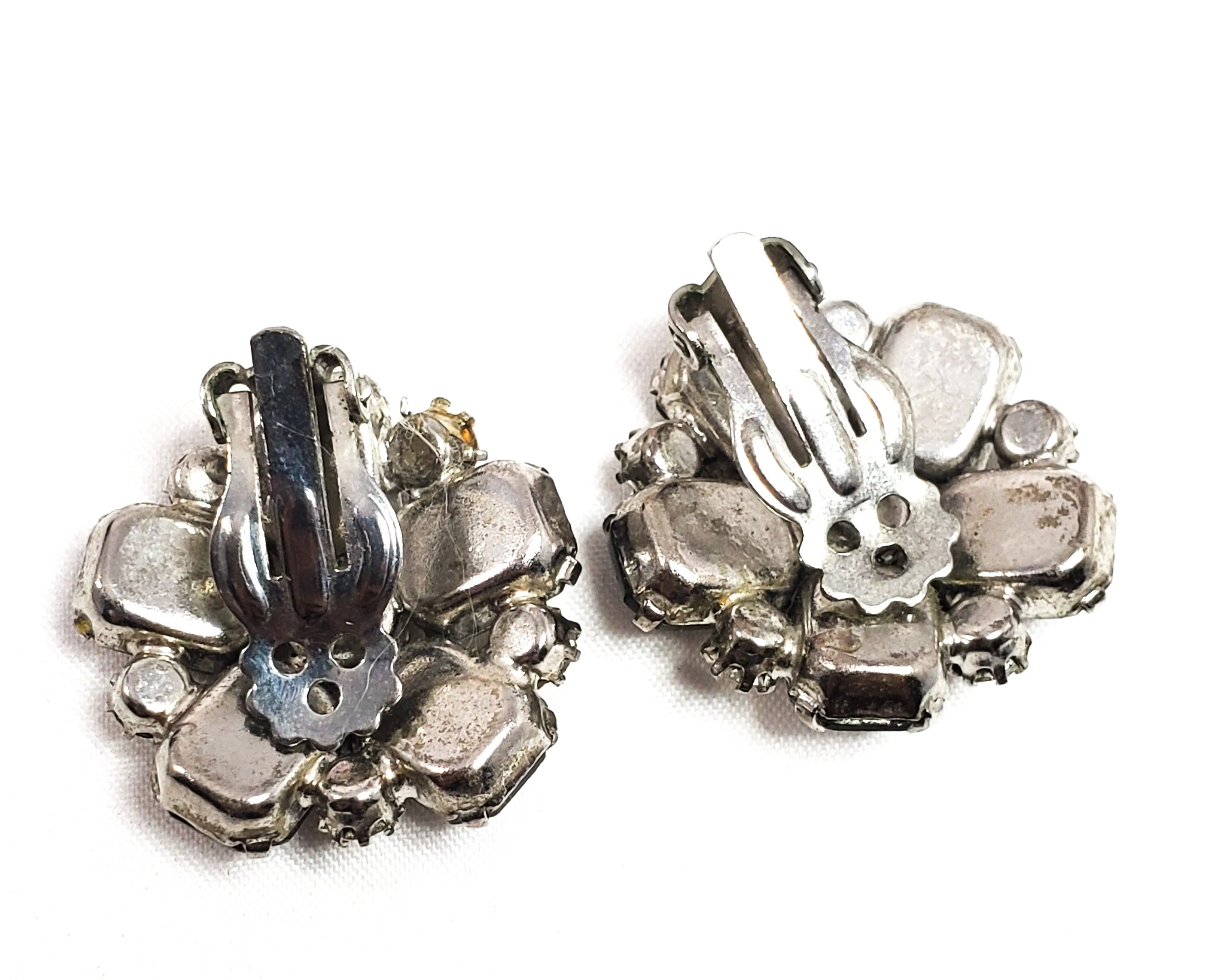 Smokey Grey flowers large rhinestone cluster clip on mid century earrings