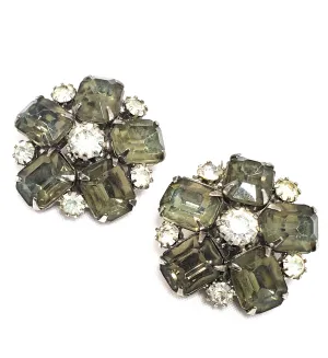 Smokey Grey flowers large rhinestone cluster clip on mid century earrings