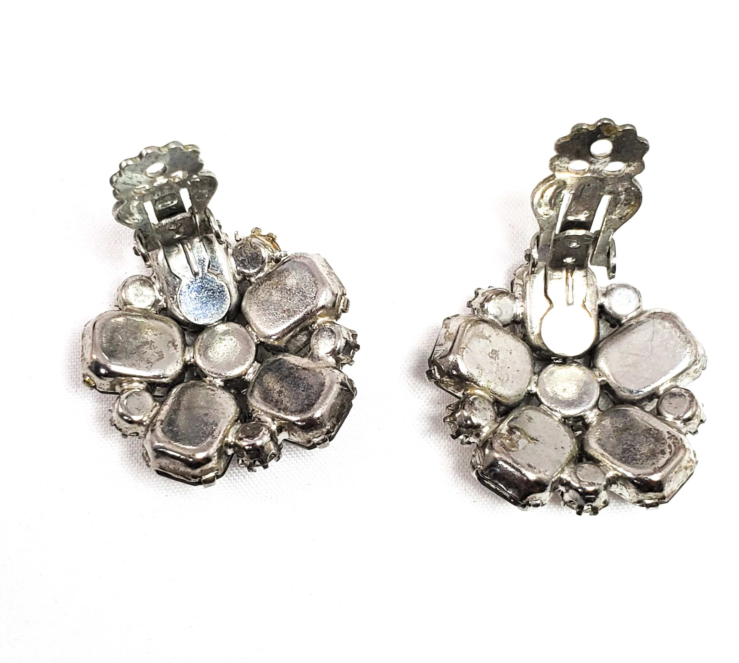 Smokey Grey flowers large rhinestone cluster clip on mid century earrings