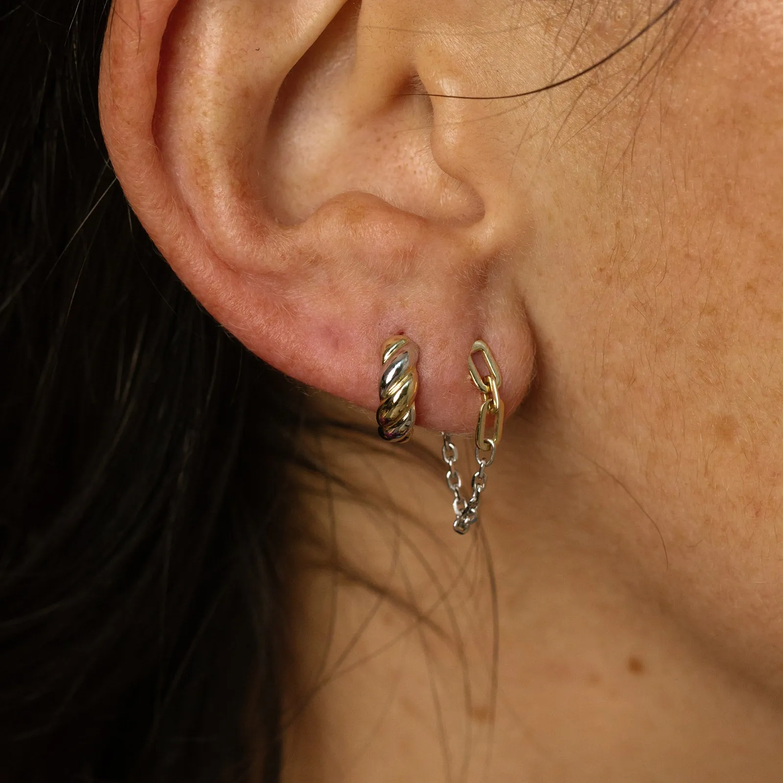 Solid Gold Mixed Metal Twisted Huggie Hoops