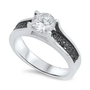 Solitaire White CZ Wedding Ring New .925 Sterling Silver Black Band Sizes 5-10