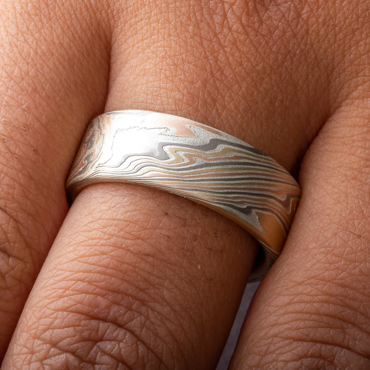 Sophisticated Mokume Gane Band or Wedding Ring in Firestorm Palette and Twist Pattern