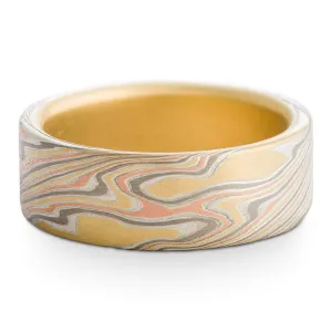 Sophisticated Mokume Gane Band or Wedding Ring in Firestorm Palette and Twist Pattern