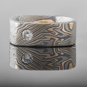 Sophisticated Mokume Gane Square Ring or Wedding Band in the Flare Palette and Twist Pattern with Flush Set Ruby and Diamond