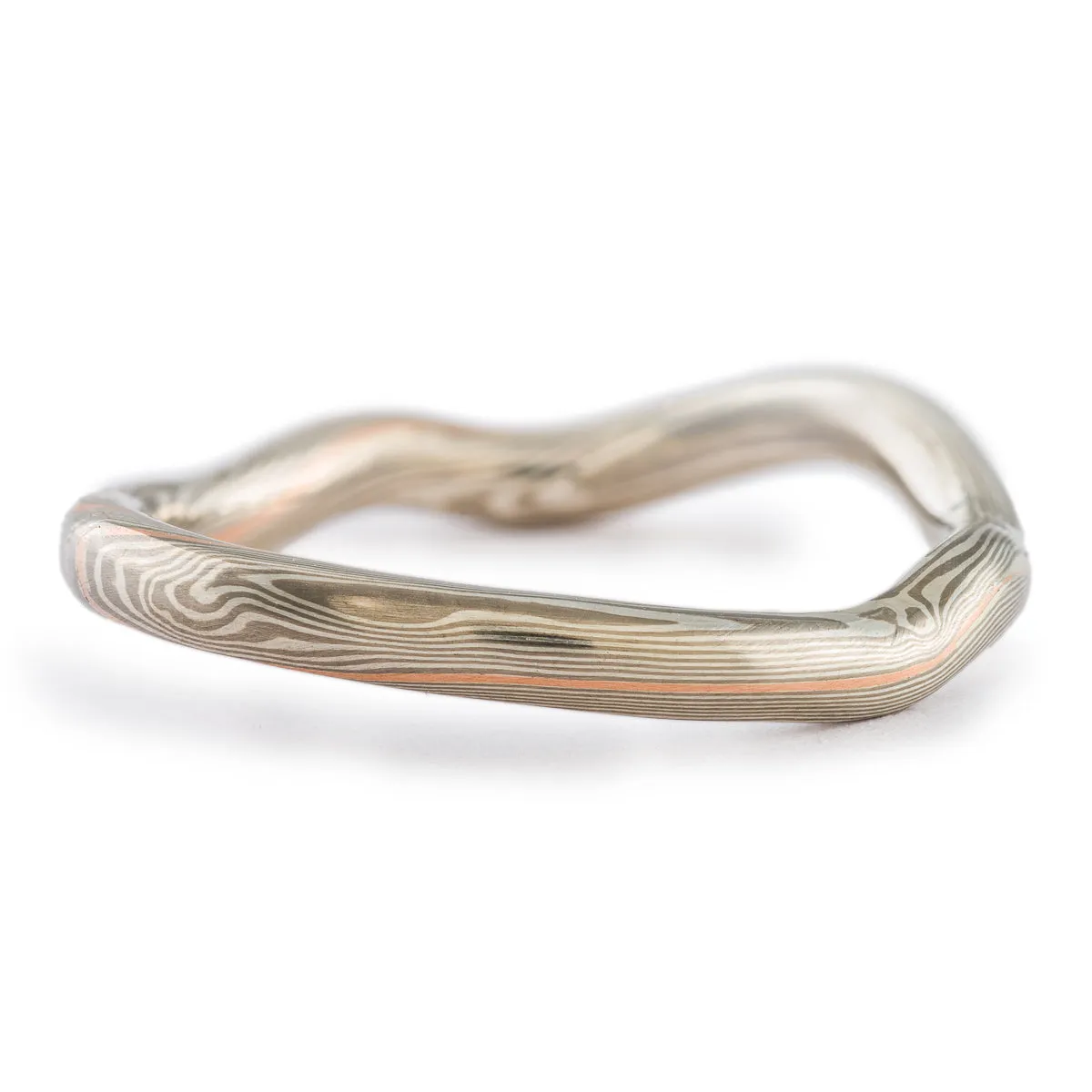 Specialized Contoured Mokume Gane Ring or Wedding Band in Twist Pattern and Ash Palette with Red Gold Stratum