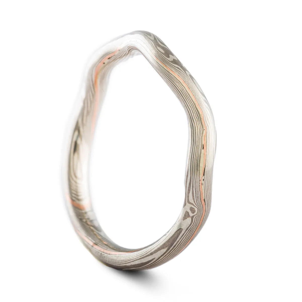 Specialized Contoured Mokume Gane Ring or Wedding Band in Twist Pattern and Ash Palette with Red Gold Stratum