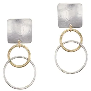 Square with Medium Intertwined Hammered Rings Clip or Post Earrings