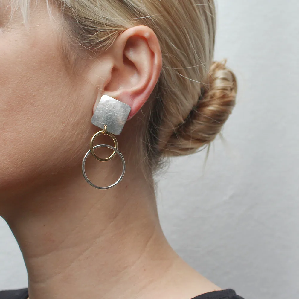 Square with Medium Intertwined Hammered Rings Clip or Post Earrings