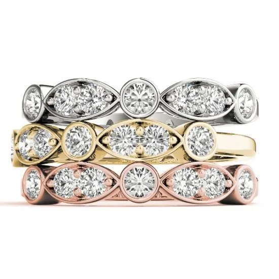 Stackables 1/2 Eternity Tri-Tone Gold Double Diamond Marquise Bezel  3-Band Set Selectables