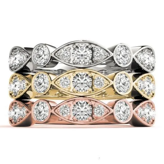 Stackables 1/2 Eternity Tri-Tone Gold Triple Diamond Marquise Bezel 3-Band Set Selectables