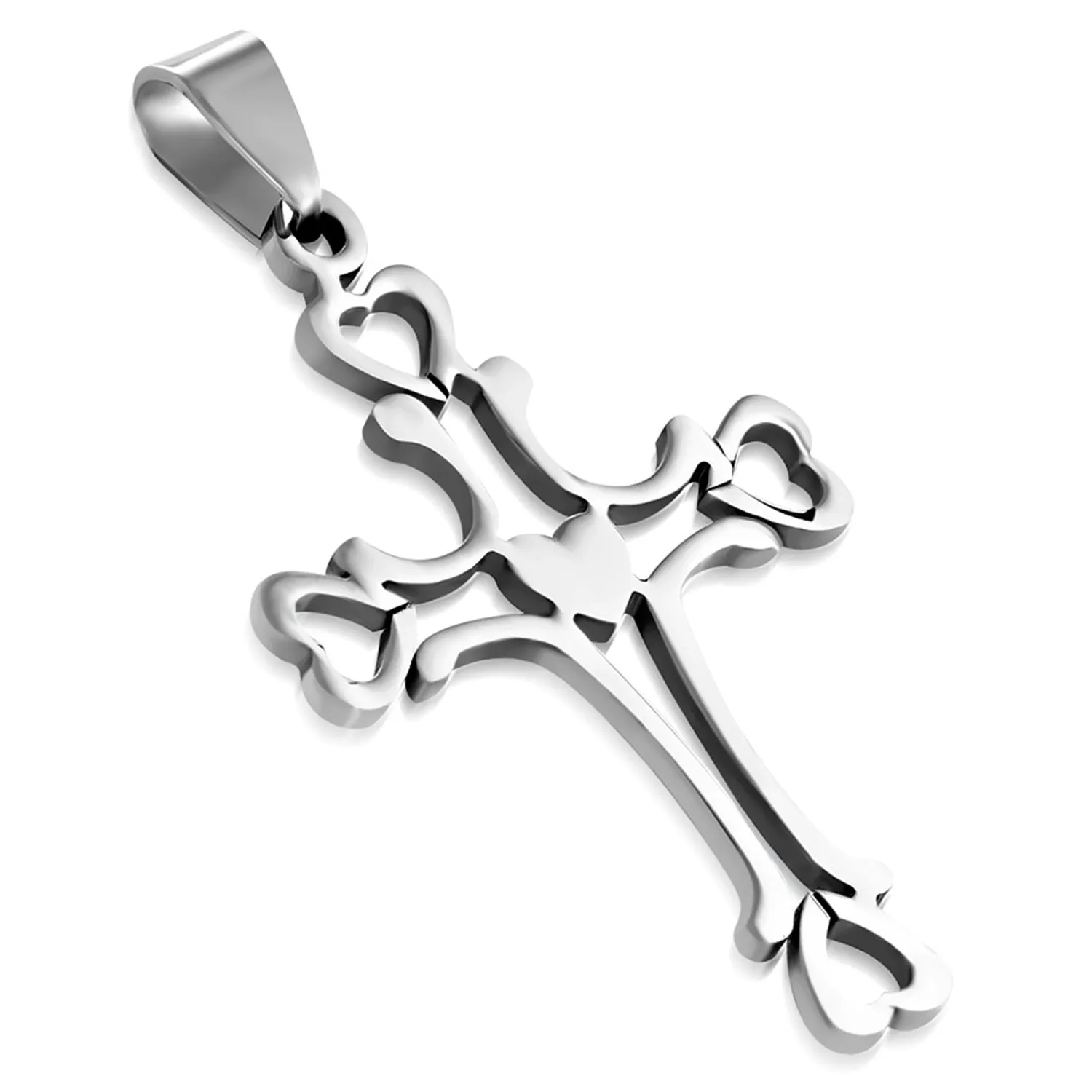 Stainless Steel Floating Open Love Heart Religious Cross Pendant Necklace
