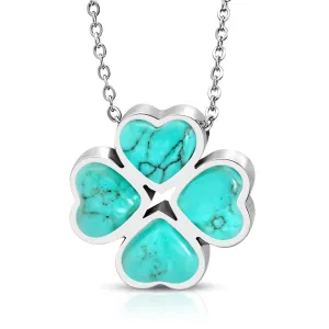 Stainless Steel Four Leaf Clover Shamrock Love Heart Turquoise Stone Floral Charm Chain Necklace Pendant