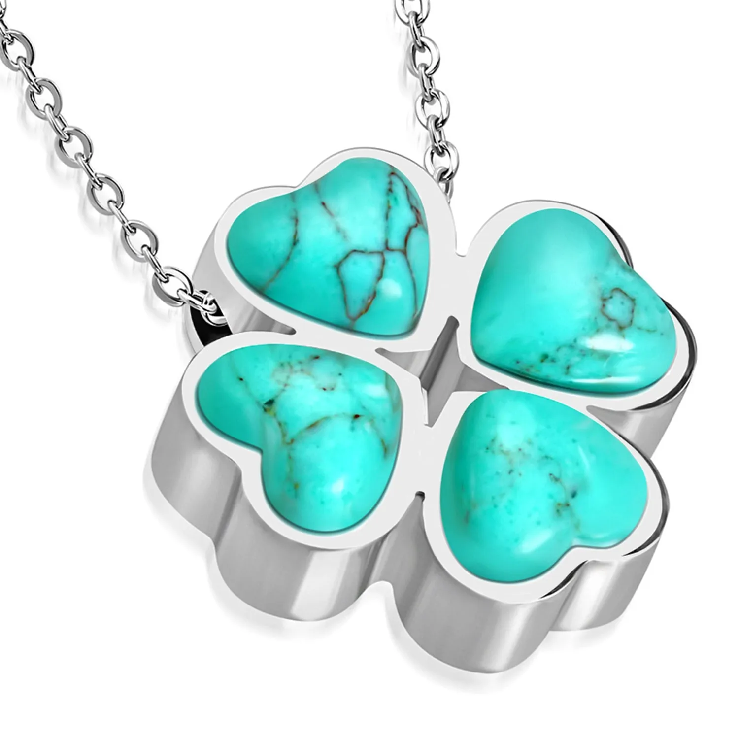 Stainless Steel Four Leaf Clover Shamrock Love Heart Turquoise Stone Floral Charm Chain Necklace Pendant