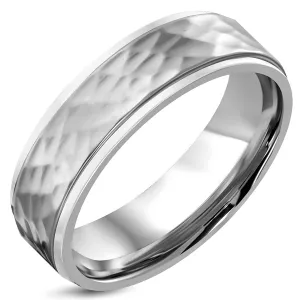Stainless Steel Hammered Finish Flat Comfort Fit Wedding Band Ring