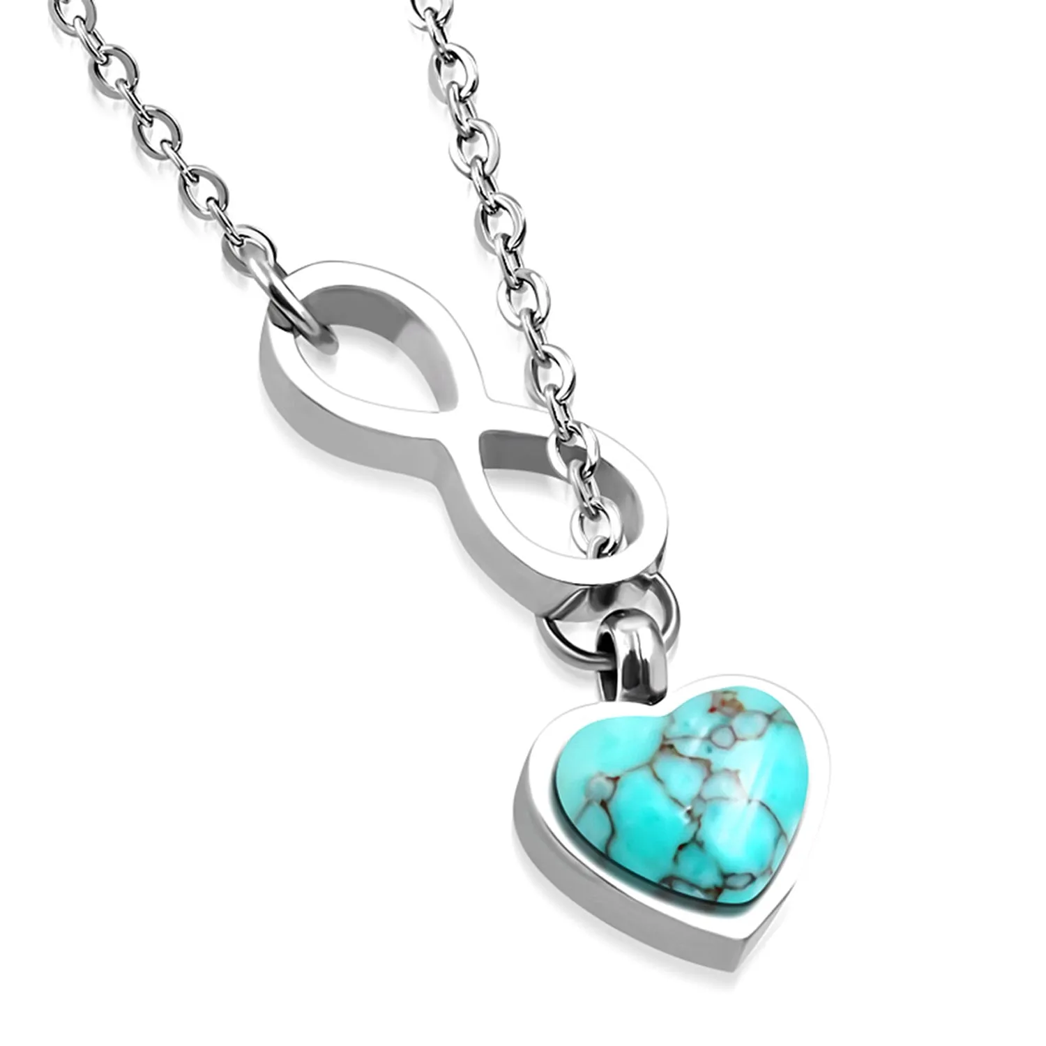 Stainless Steel Interlocking Infinity Love Heart Turquoise Stone Charm Link Chain Necklace