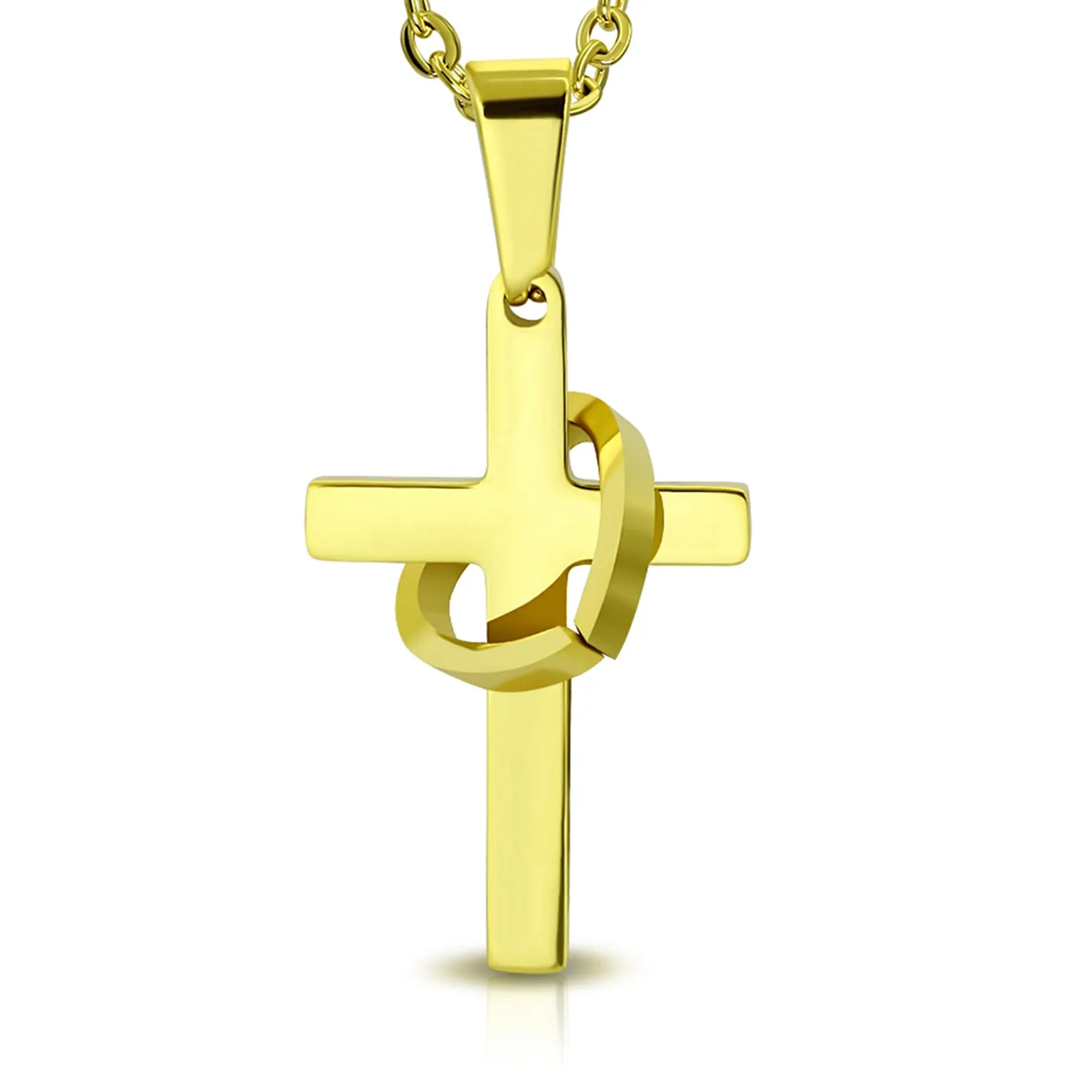 Stainless Steel Interlocking Open Cut-Out Love Heart Cross Charm Link Chain Necklace Pendant