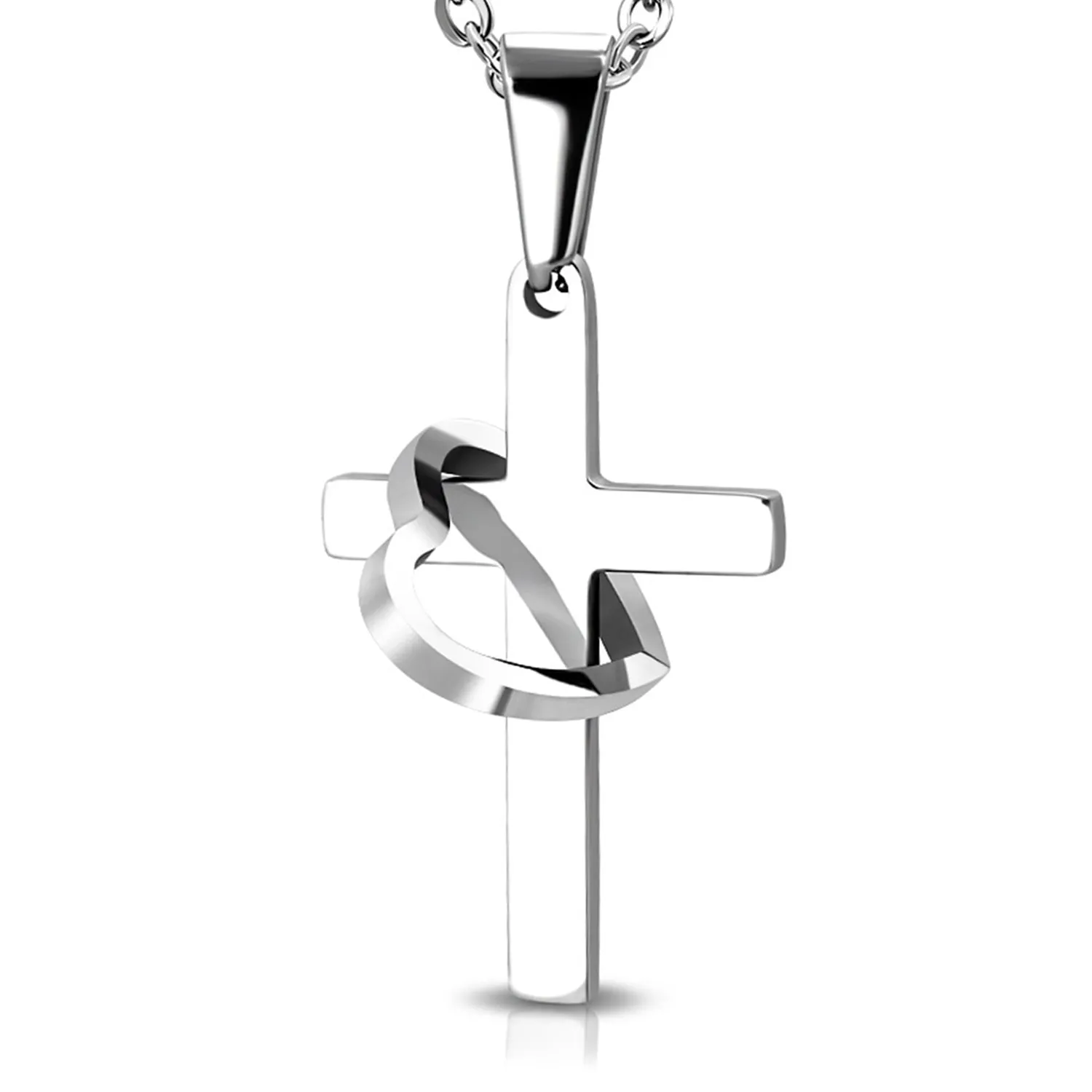 Stainless Steel Interlocking Open Cut-Out Love Heart Cross Charm Link Chain Necklace Pendant