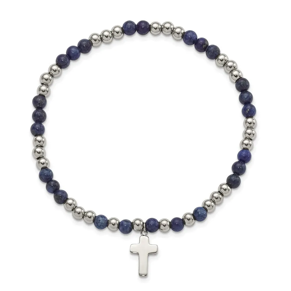 Stainless Steel Polished Lapis Beaded Cross Stretch Bracelet