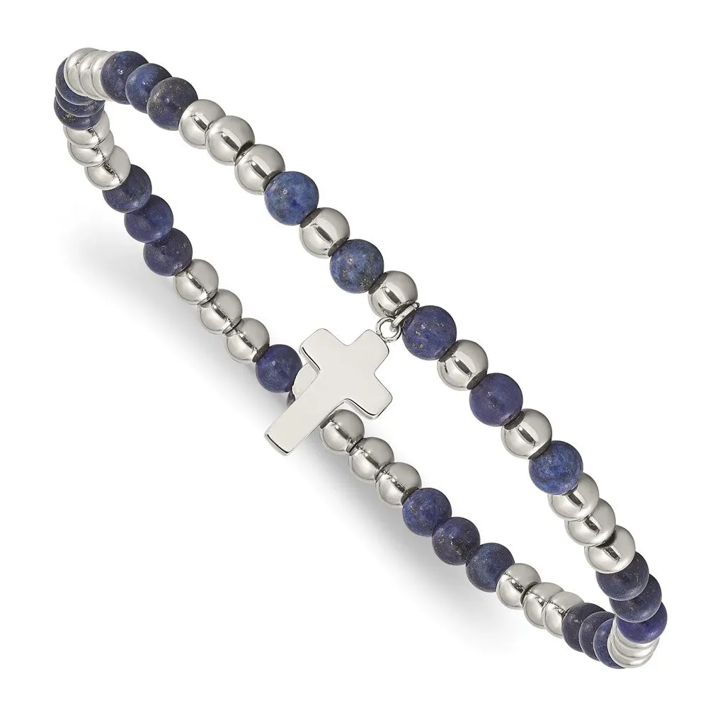 Stainless Steel Polished Lapis Beaded Cross Stretch Bracelet