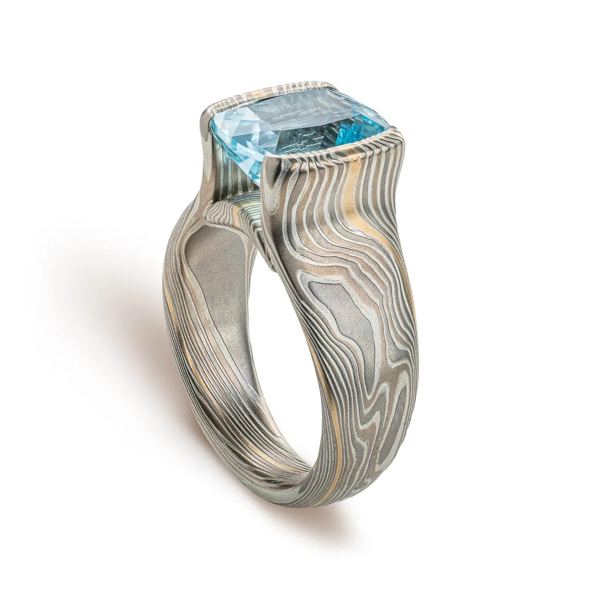 Statement Mokume Gane and Aquamarine Ring