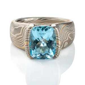Statement Mokume Gane and Aquamarine Ring