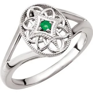 Sterling Silver Emerald Granulated Filigree Ring Size 5
