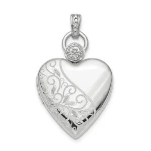 Sterling Silver Rhodium-plate 21mm Heart Dia. Accent diamond cut Satin Locket