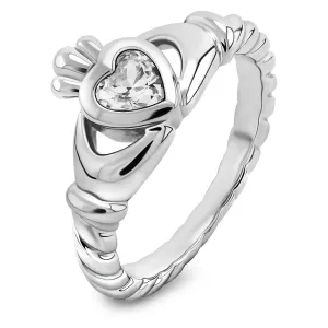 Sterling Silver Twisted Shank White CZ ULS-16424CZ Claddagh Ring