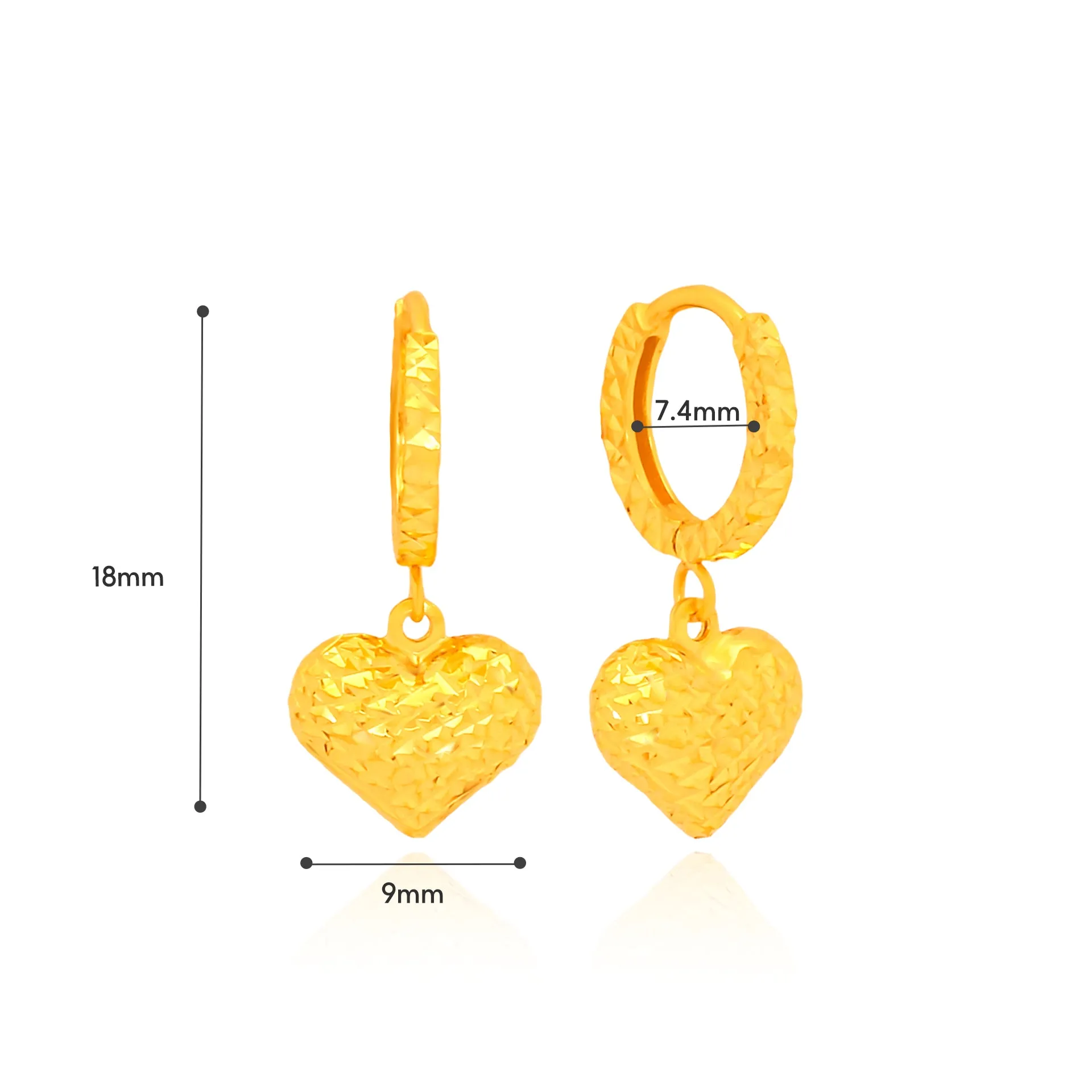 TAKA Jewellery 916 Gold Hoop Hanging Heart Earrings
